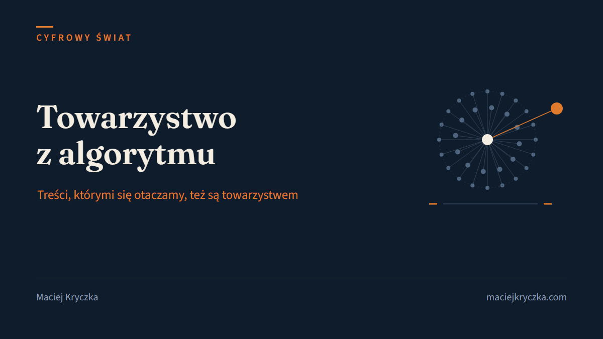 Krąg jednakowych szarych punktów wokół jasnego środka i jeden pomarańczowy punkt poza kręgiem, połączony z nim linią