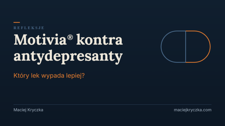 Kapsułka leku w dwóch kolorach i napis Motivia kontra antydepresanty